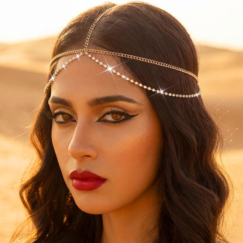 أوكملا سلسلة رأس مرصعة بأحجار الراين من أوكملا، إكسسوارات شعر ذهبية متعددة الطبقات، مناسبة للمهرجانات، للنساء (ذهبي، مقاس واحد) - Image 3